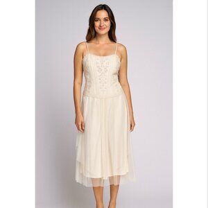 Vintage Scott McClintock Jessica Mesh Lace Embroidered Maxi Dress Ivory Fairy